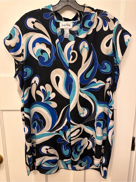 Joseph Ribkoff Tops - Joseph Ribkoff 16 Black & Blue Print Cap-Sleeve Blouse